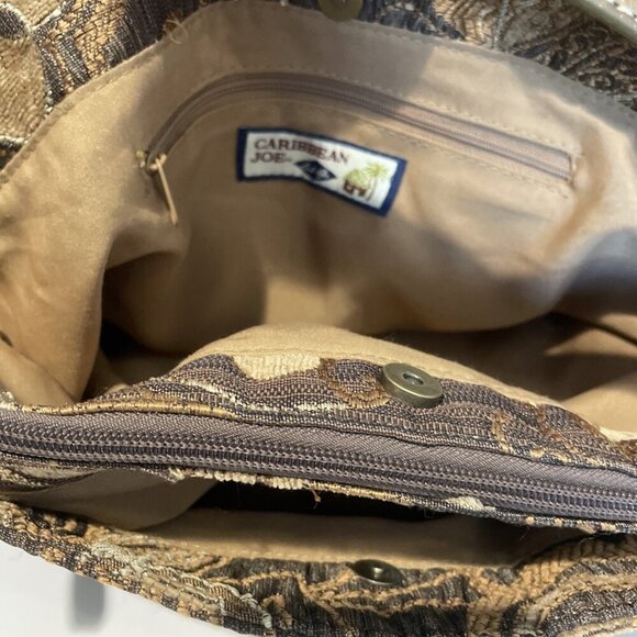 Caribbean Joe Shoulder Handbag Tote Brown Floral Tapestry Faux Leather Trim Boho - Picture 12 of 14